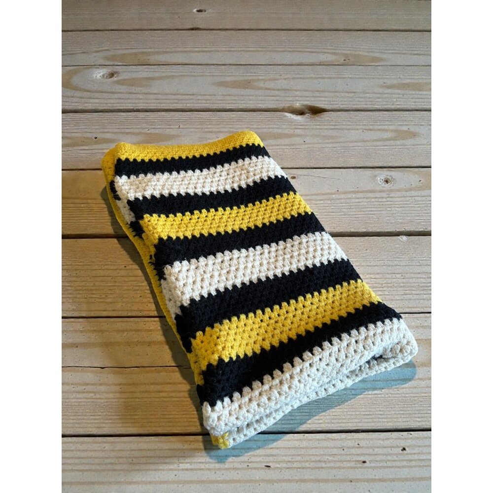 Handmade Crochet Blanket Black Yellow & White Striped Pattern Cozy Home Decor Wa